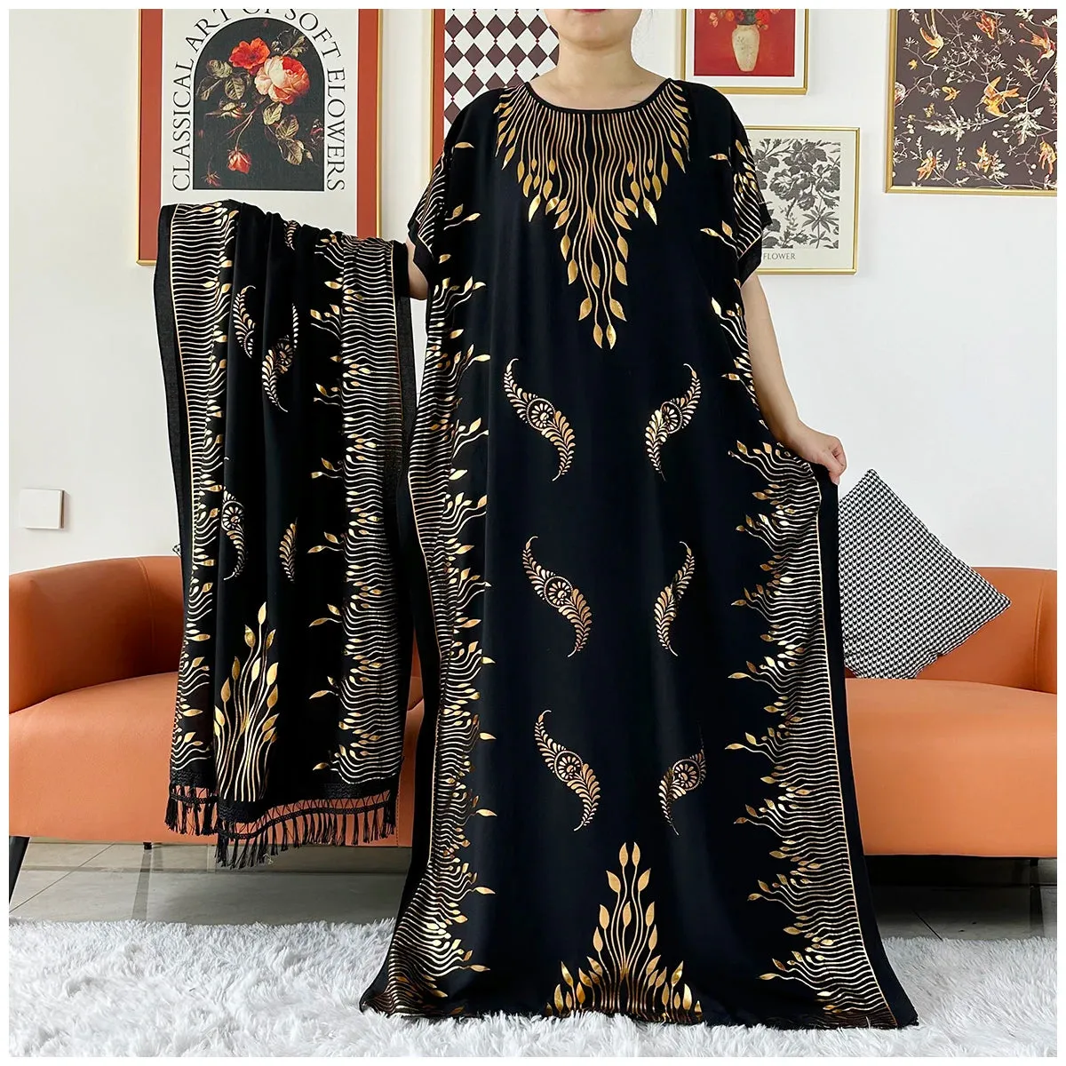 Women Dubai Stretch Print Loose Fit  Elegant Dresses Caftan Moroccan Robe With Headscarf