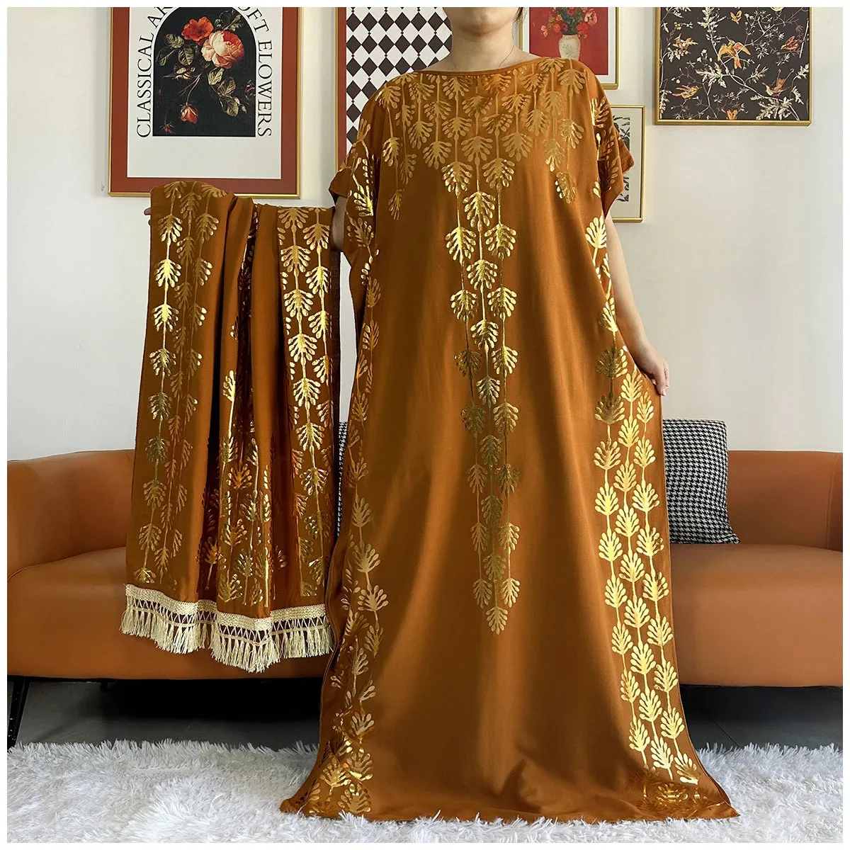 Women Dubai Stretch Print Loose Fit  Elegant Dresses Caftan Moroccan Robe With Headscarf