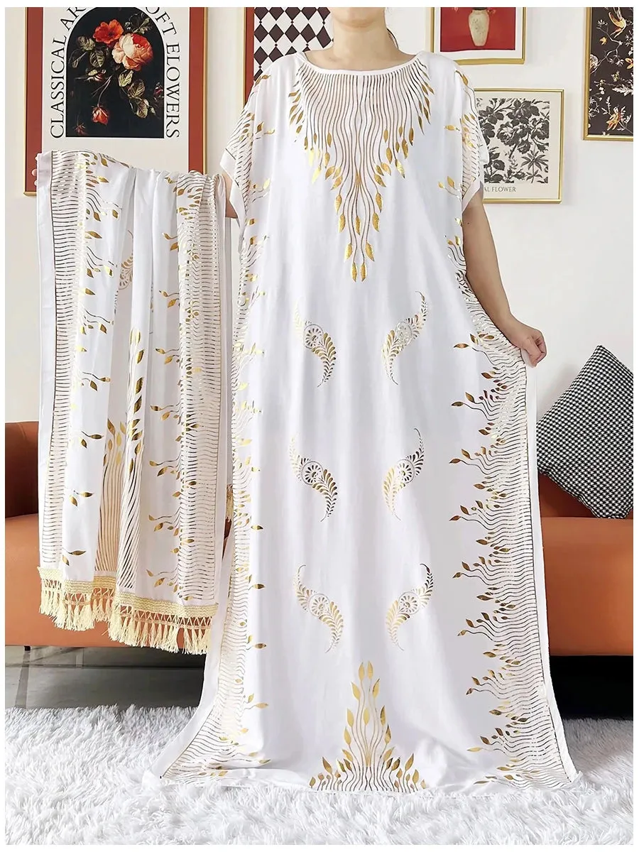 Women Dubai Stretch Print Loose Fit  Elegant Dresses Caftan Moroccan Robe With Headscarf