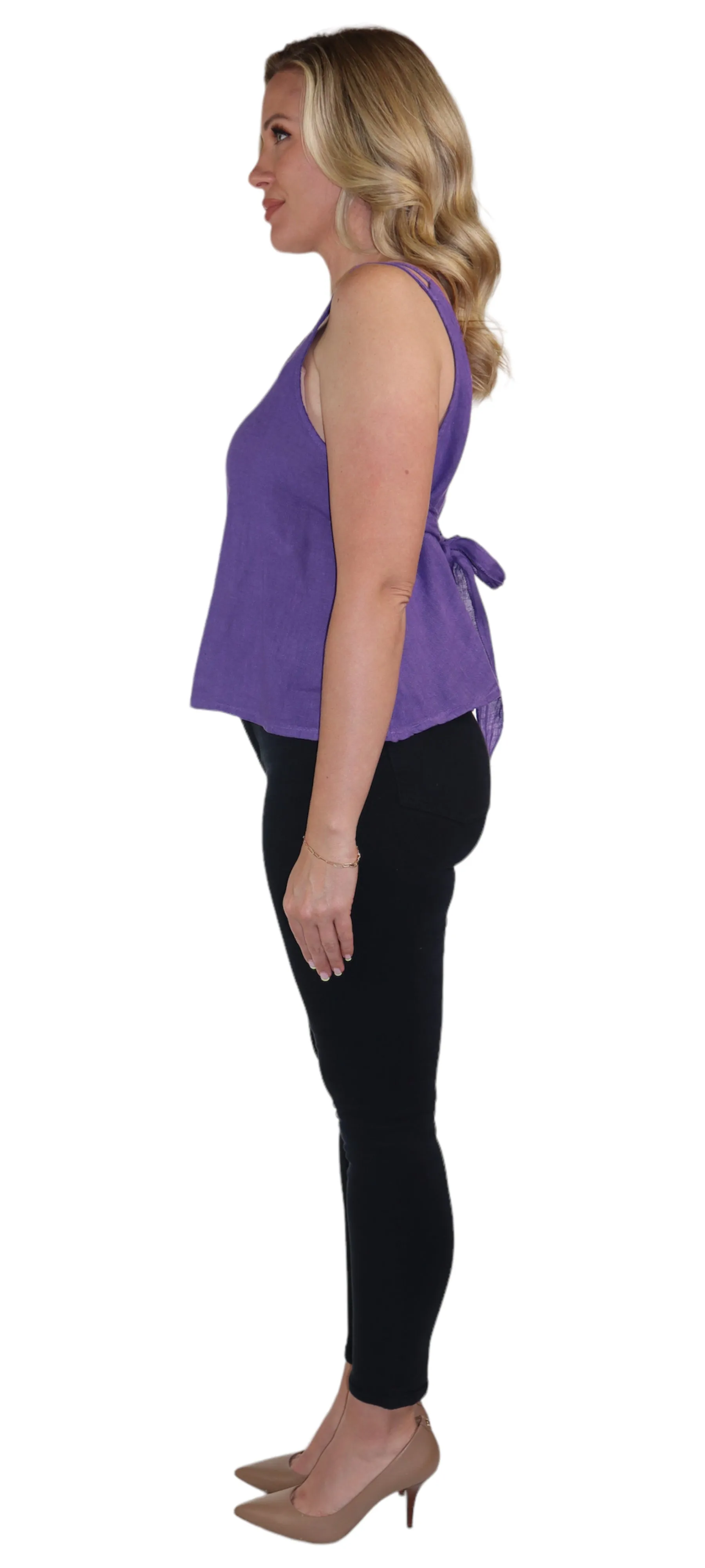 Women's 100% Linen Sleeveless Crop Tank Top Tunic with Bowtie Back