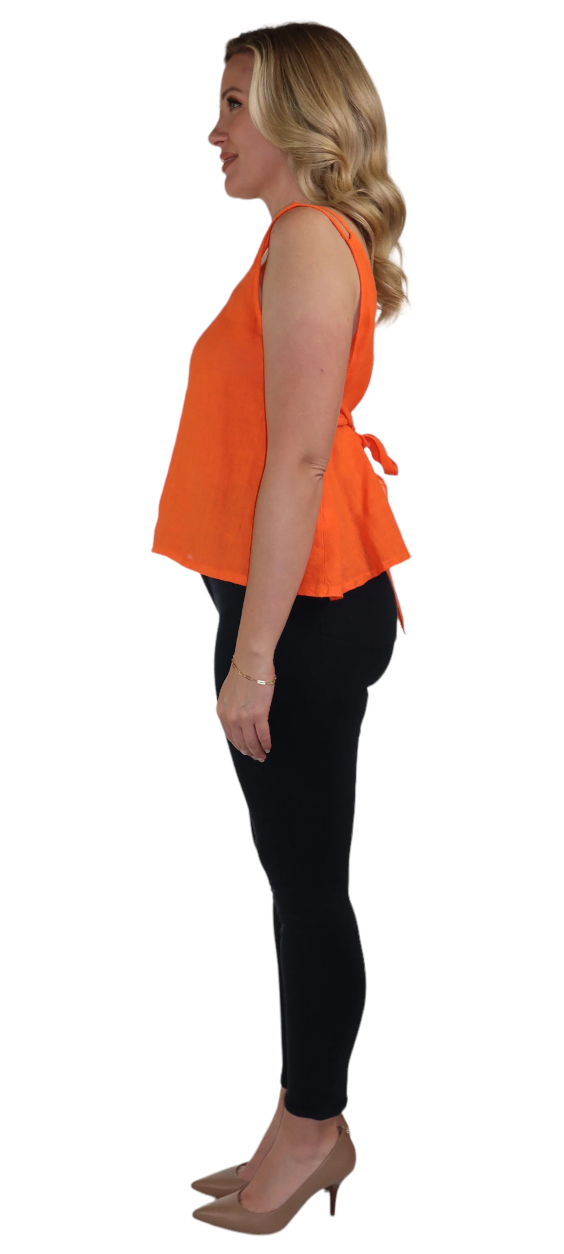 Women's 100% Linen Sleeveless Crop Tank Top Tunic with Bowtie Back