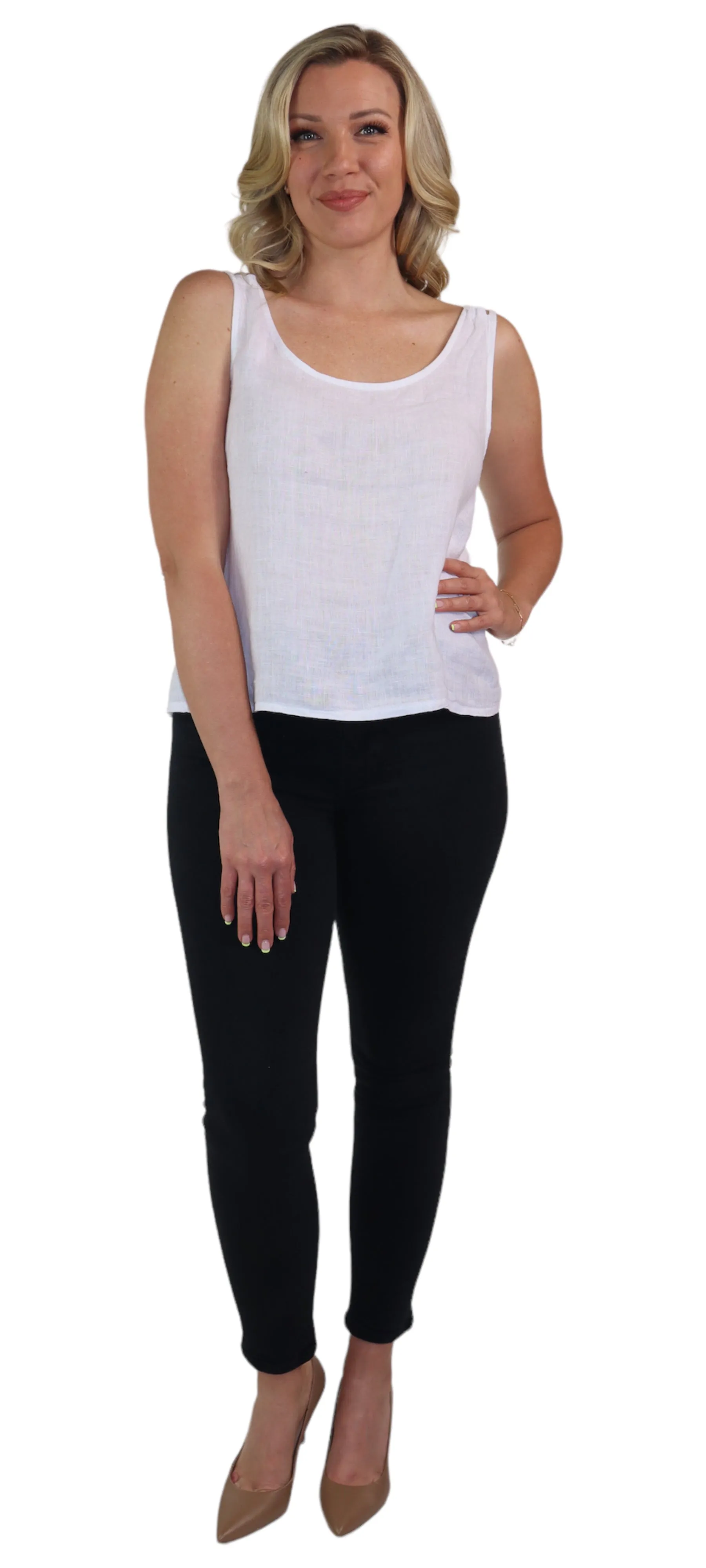 Women's 100% Linen Sleeveless Crop Tank Top Tunic with Bowtie Back