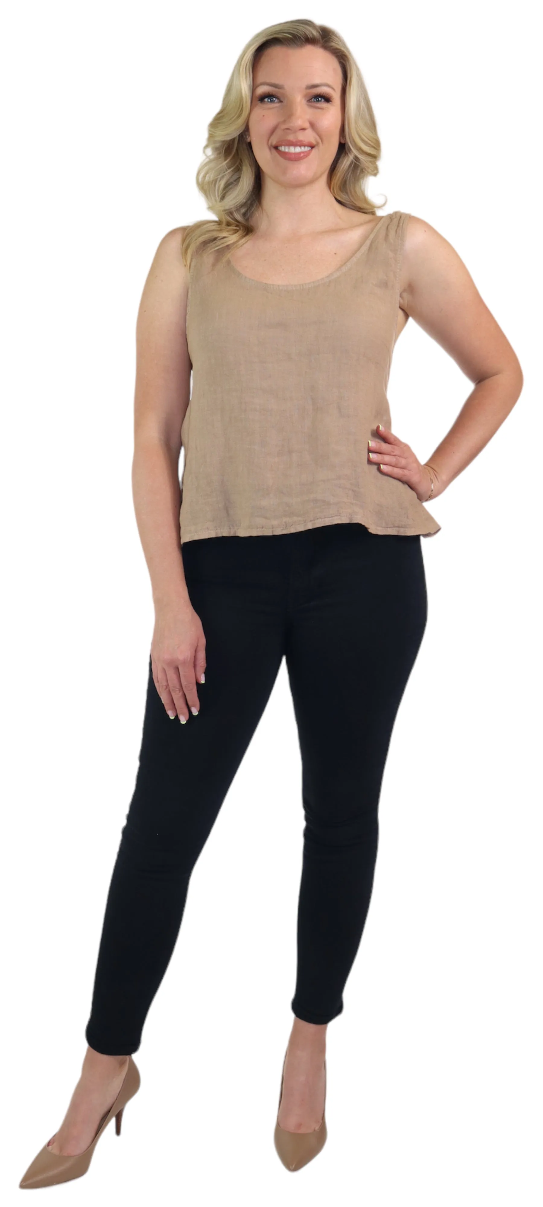 Women's 100% Linen Sleeveless Crop Tank Top Tunic with Bowtie Back