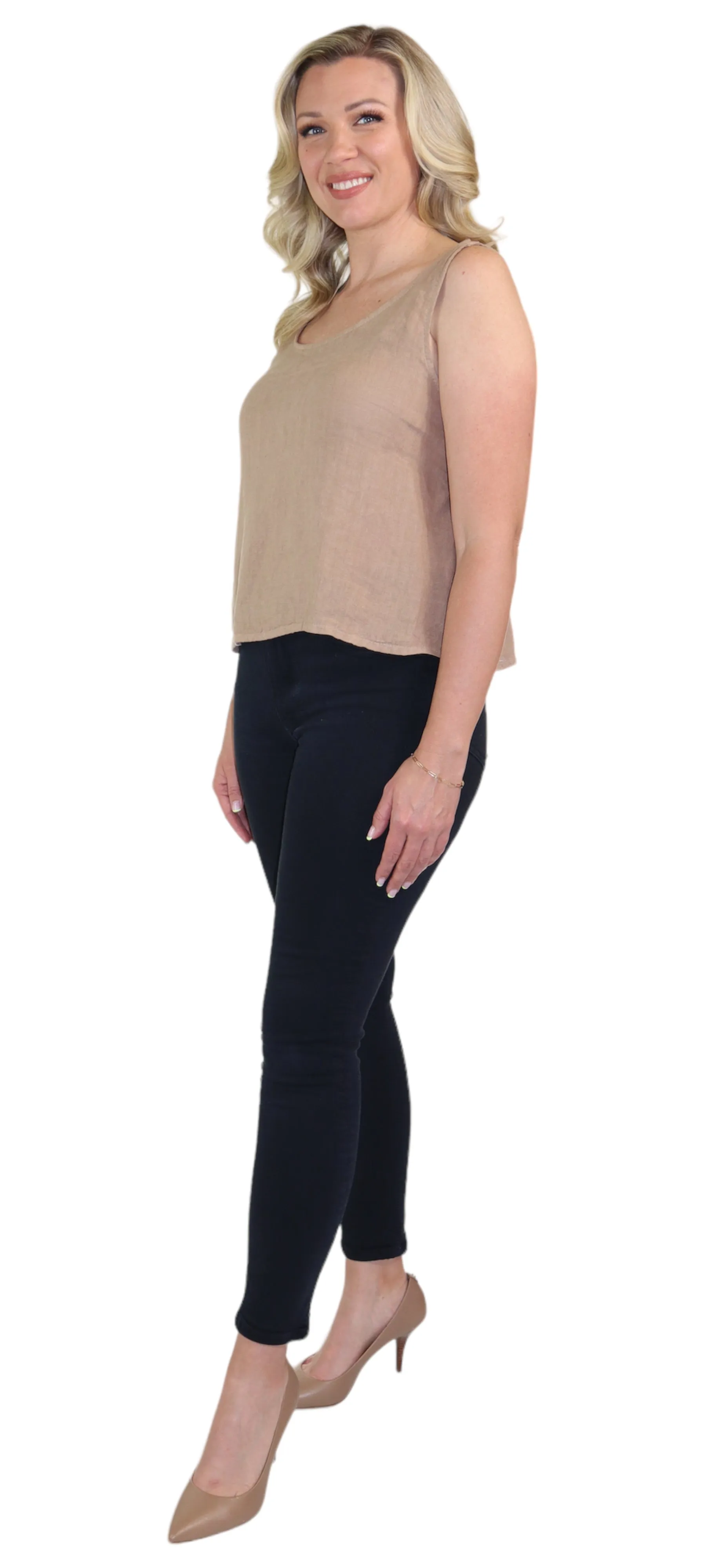 Women's 100% Linen Sleeveless Crop Tank Top Tunic with Bowtie Back