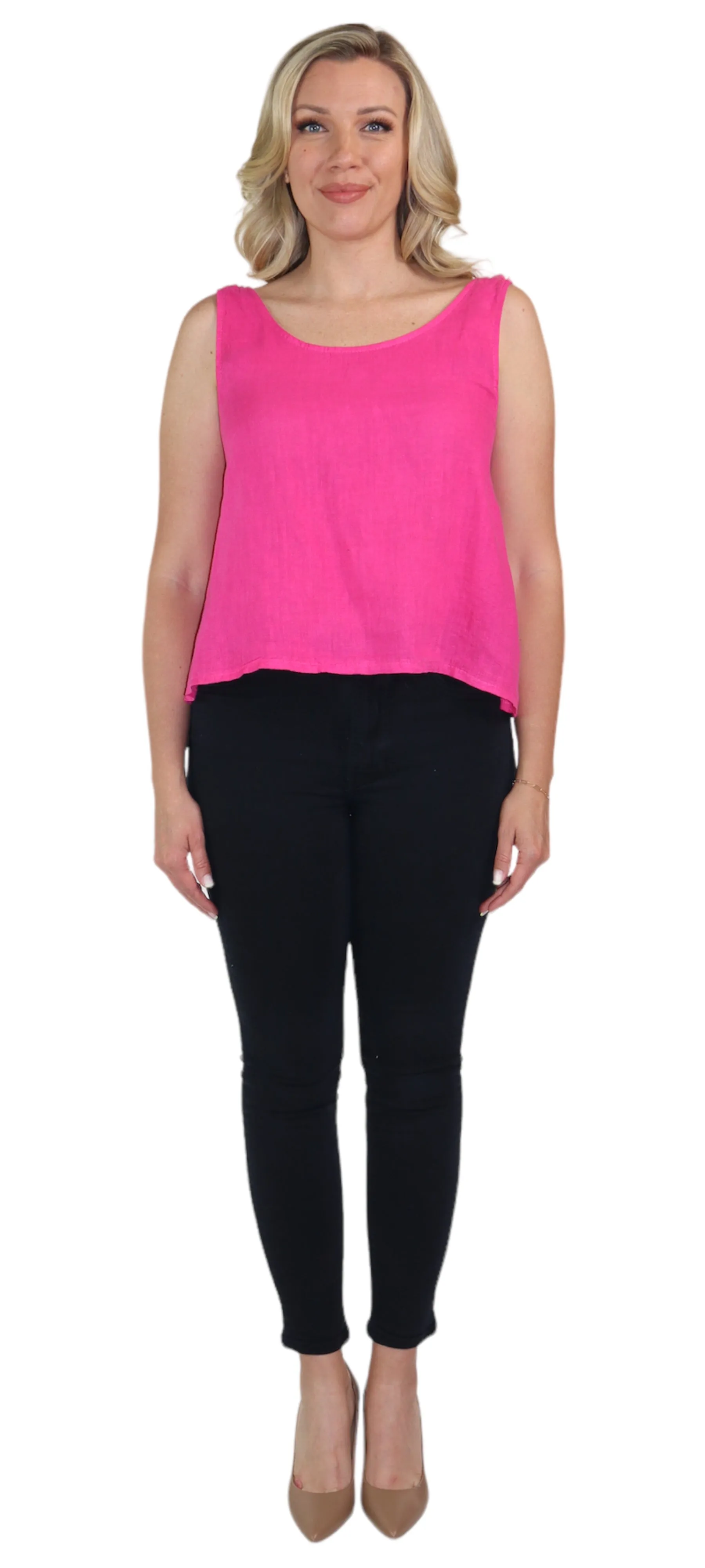 Women's 100% Linen Sleeveless Crop Tank Top Tunic with Bowtie Back