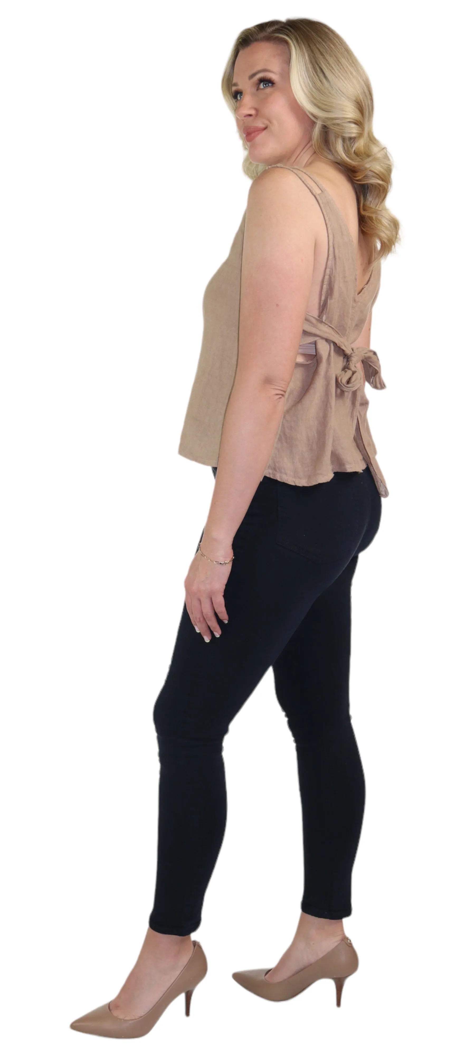 Women's 100% Linen Sleeveless Crop Tank Top Tunic with Bowtie Back