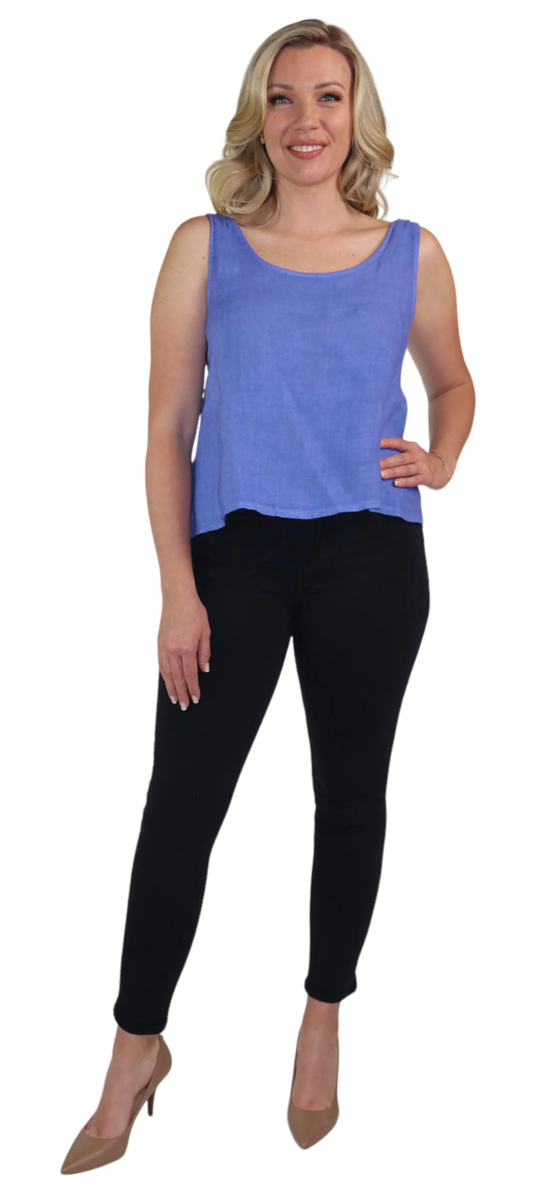 Women's 100% Linen Sleeveless Crop Tank Top Tunic with Bowtie Back