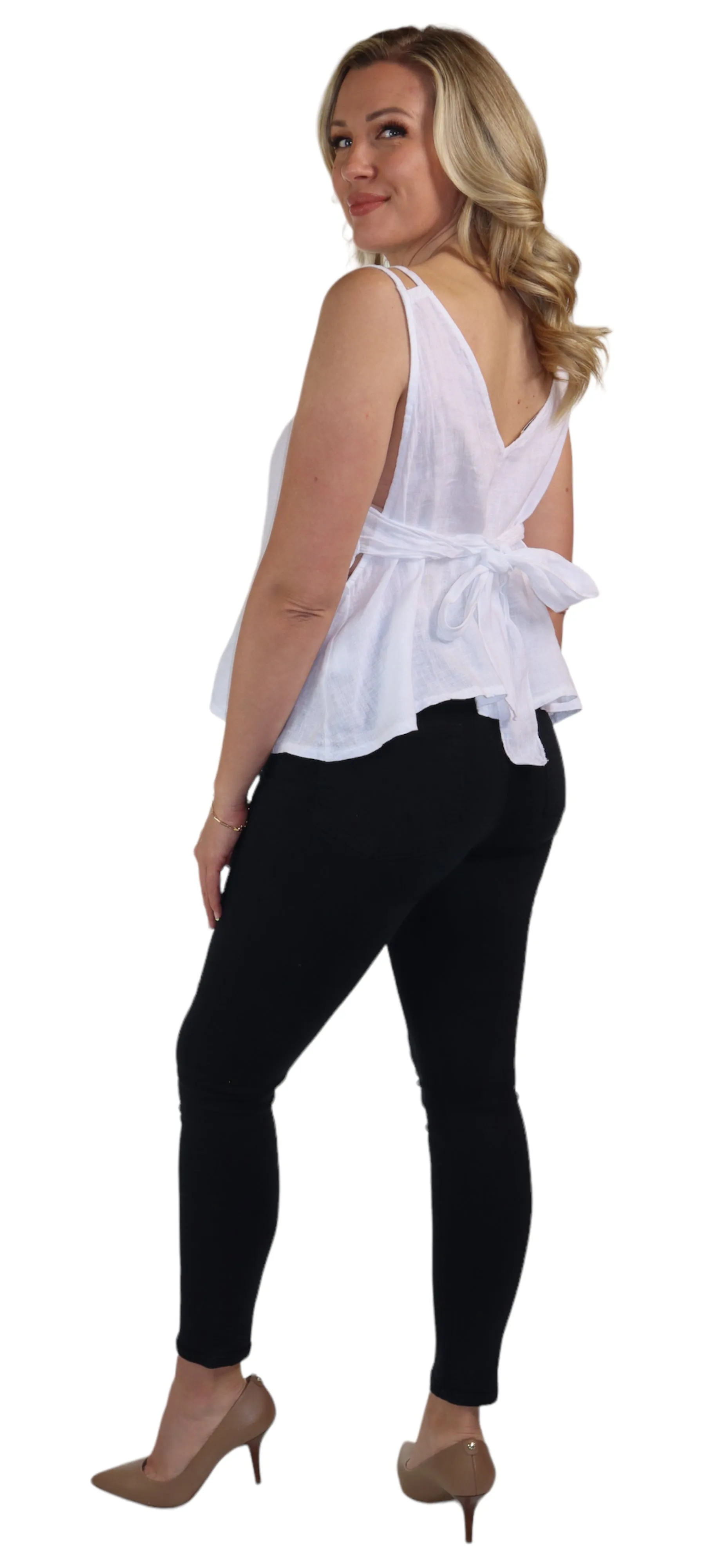 Women's 100% Linen Sleeveless Crop Tank Top Tunic with Bowtie Back