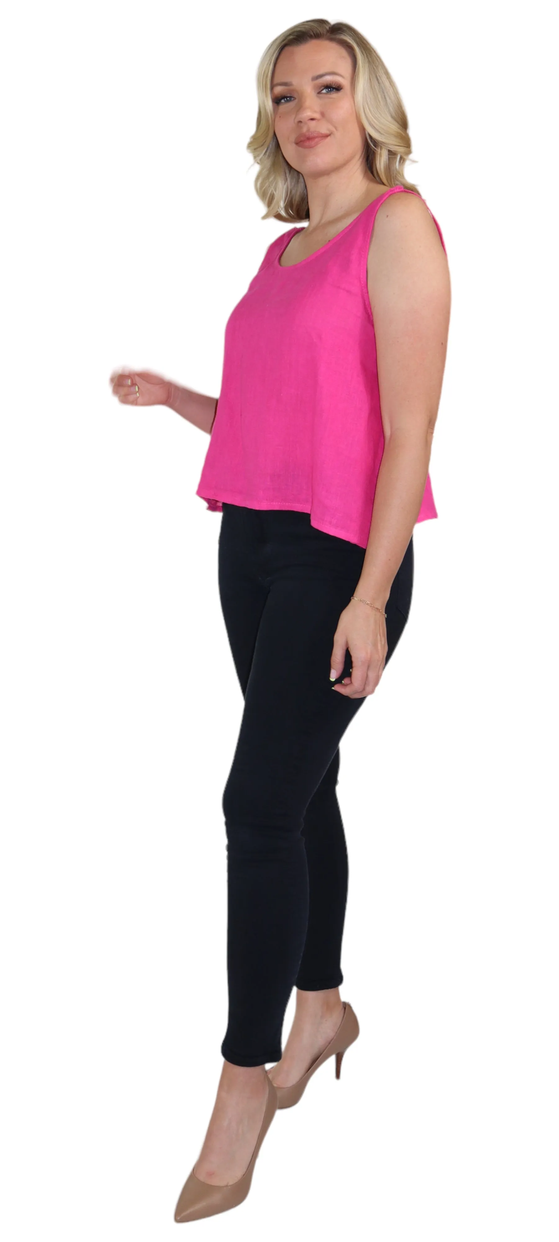 Women's 100% Linen Sleeveless Crop Tank Top Tunic with Bowtie Back