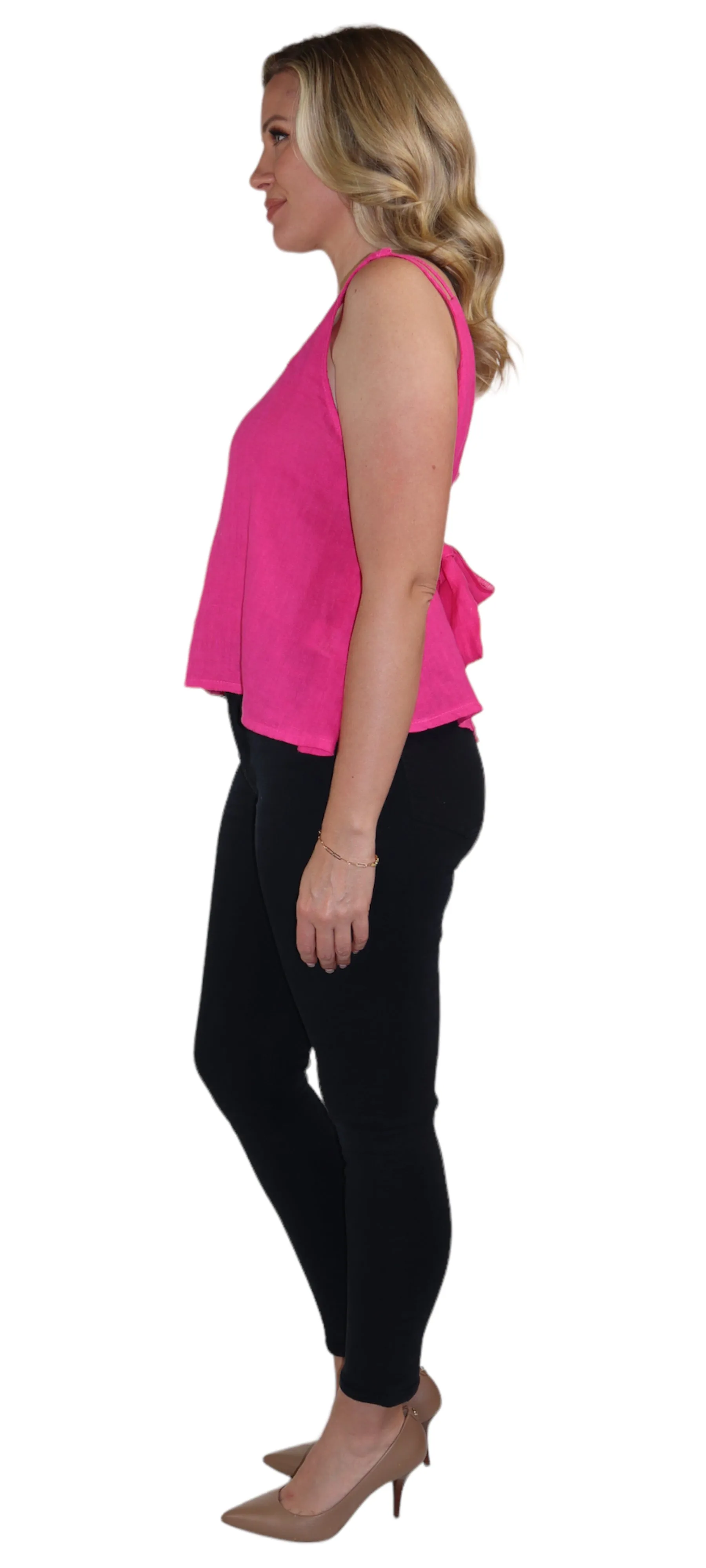 Women's 100% Linen Sleeveless Crop Tank Top Tunic with Bowtie Back