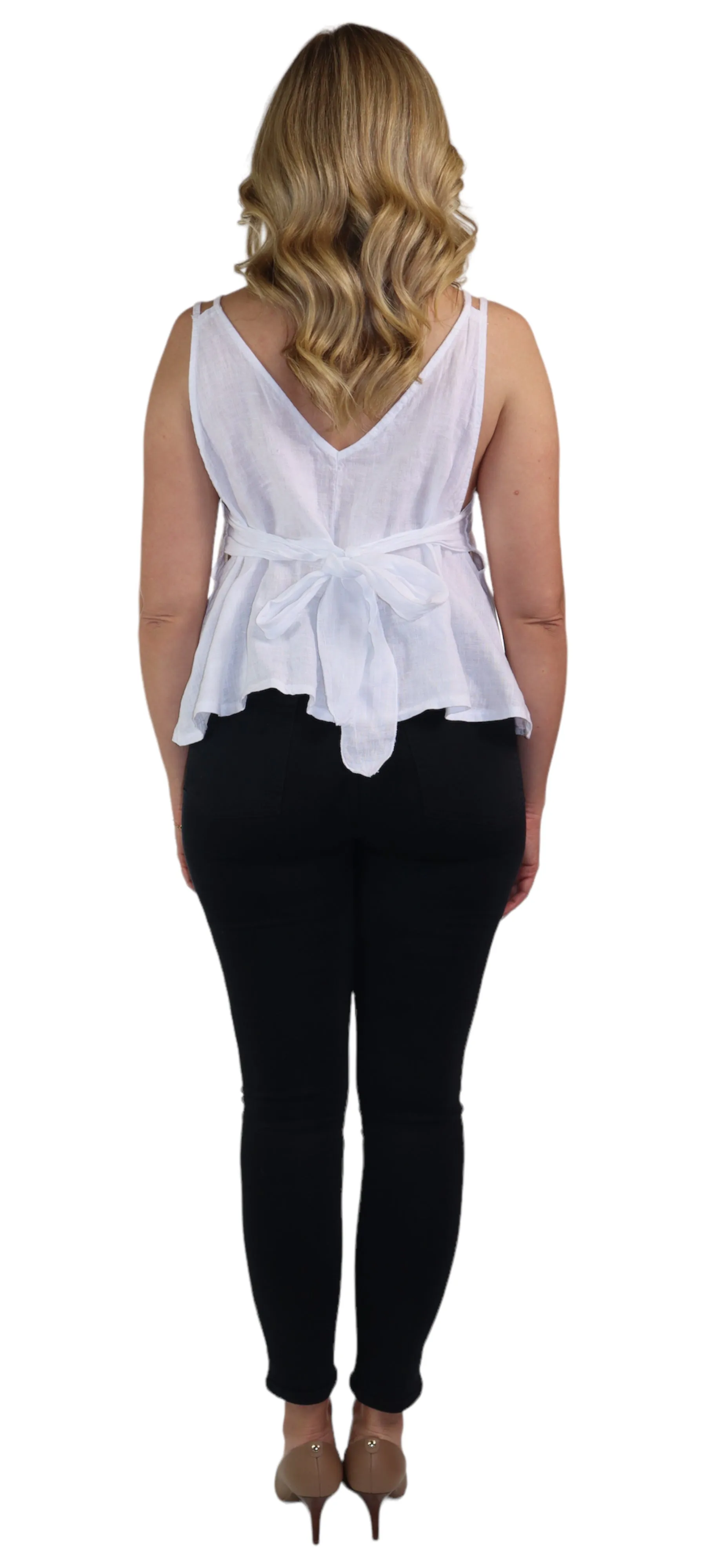 Women's 100% Linen Sleeveless Crop Tank Top Tunic with Bowtie Back