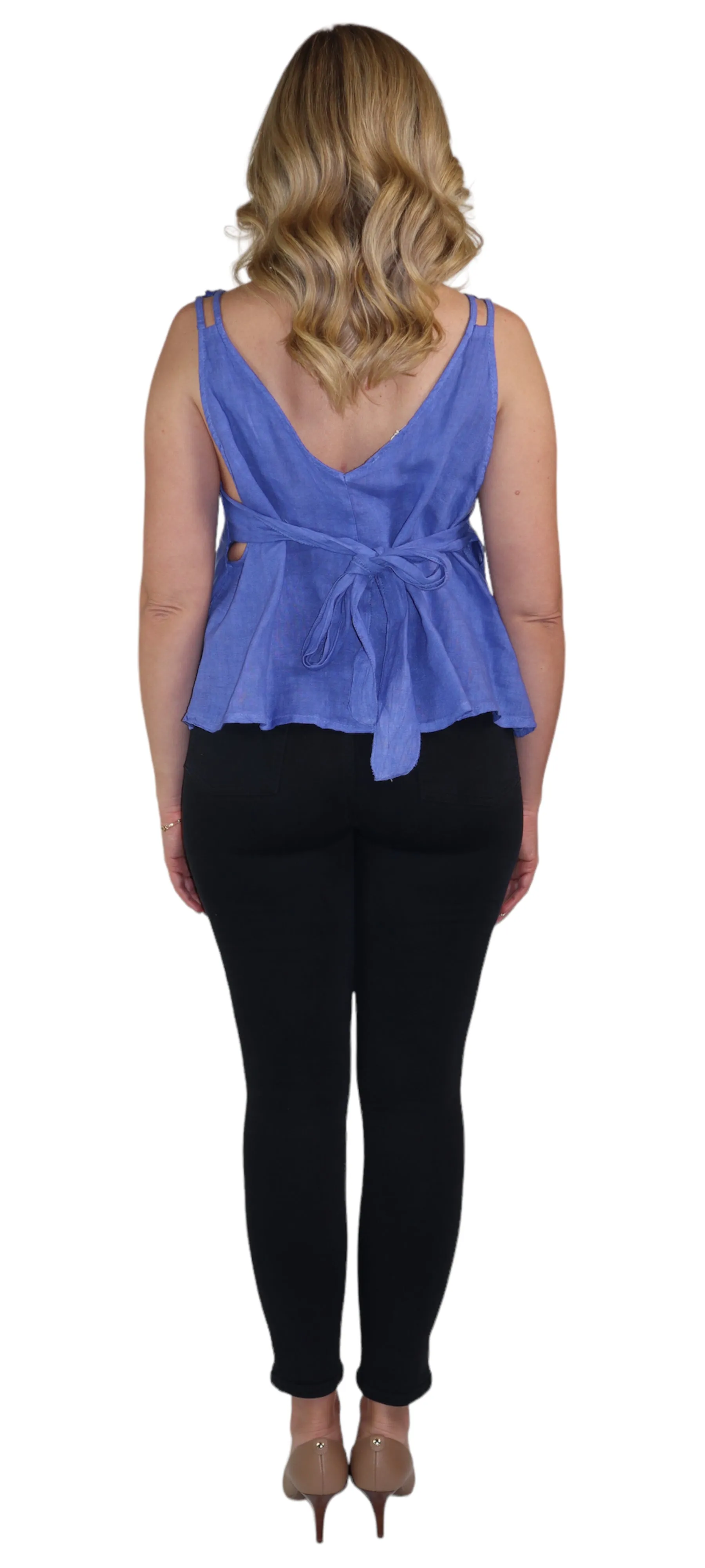 Women's 100% Linen Sleeveless Crop Tank Top Tunic with Bowtie Back
