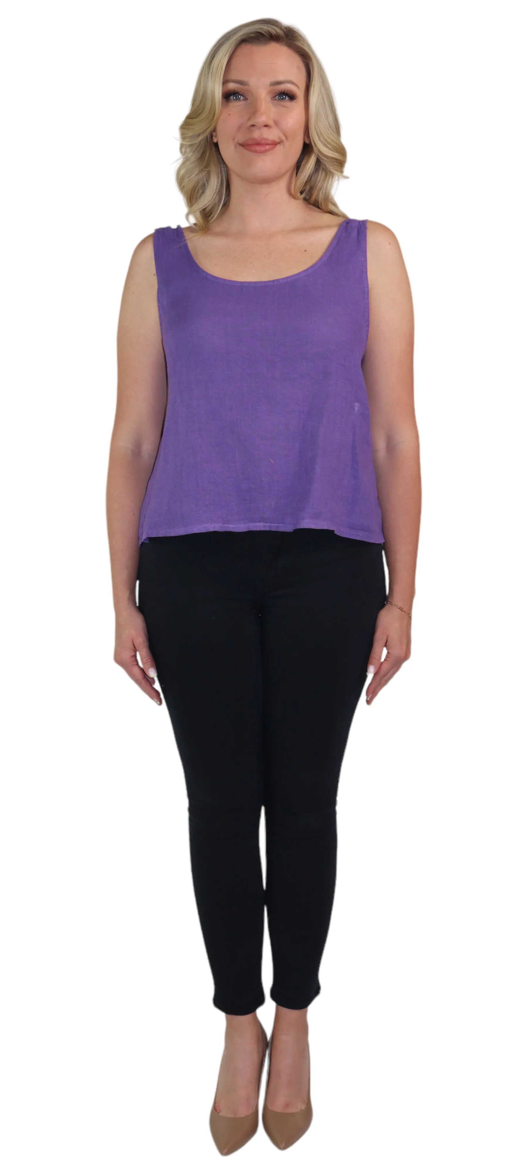 Women's 100% Linen Sleeveless Crop Tank Top Tunic with Bowtie Back
