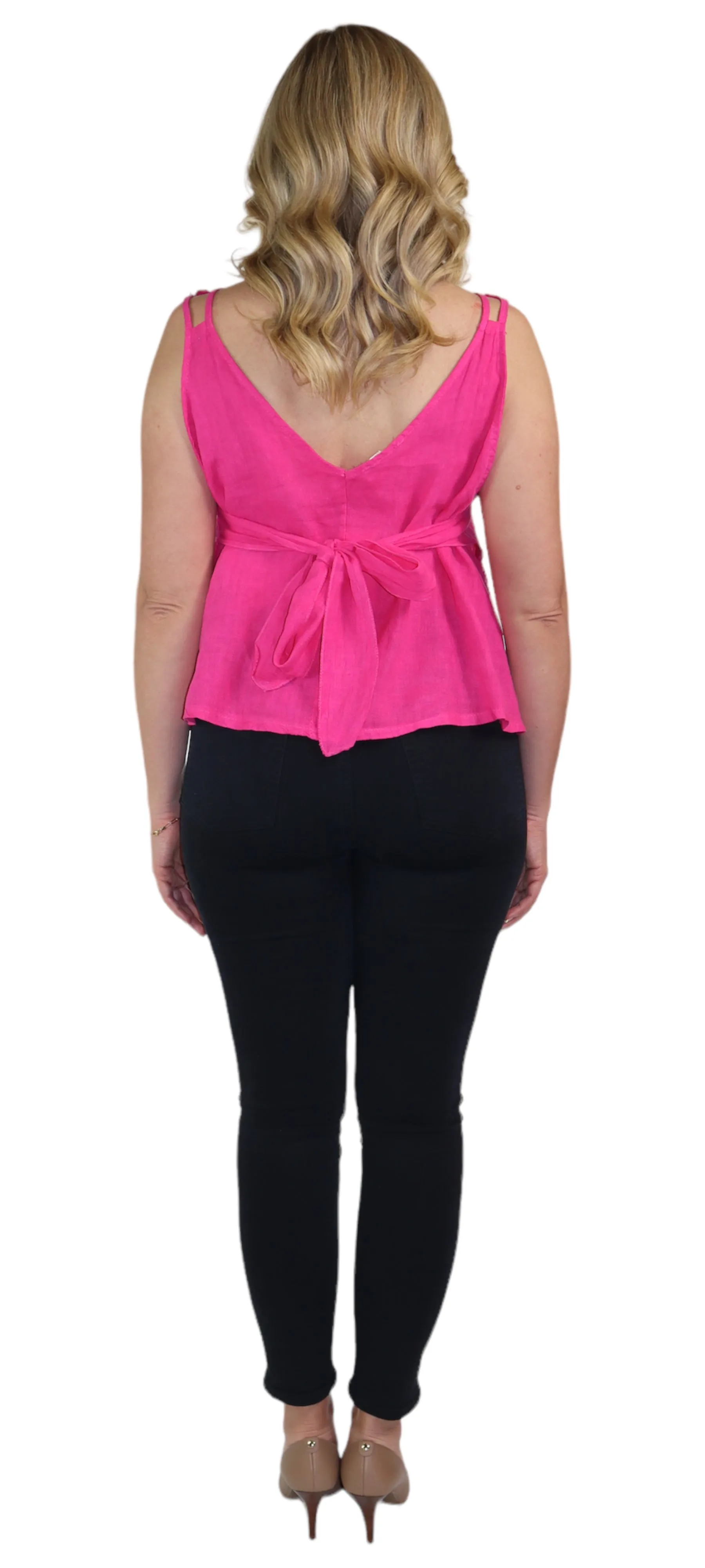 Women's 100% Linen Sleeveless Crop Tank Top Tunic with Bowtie Back