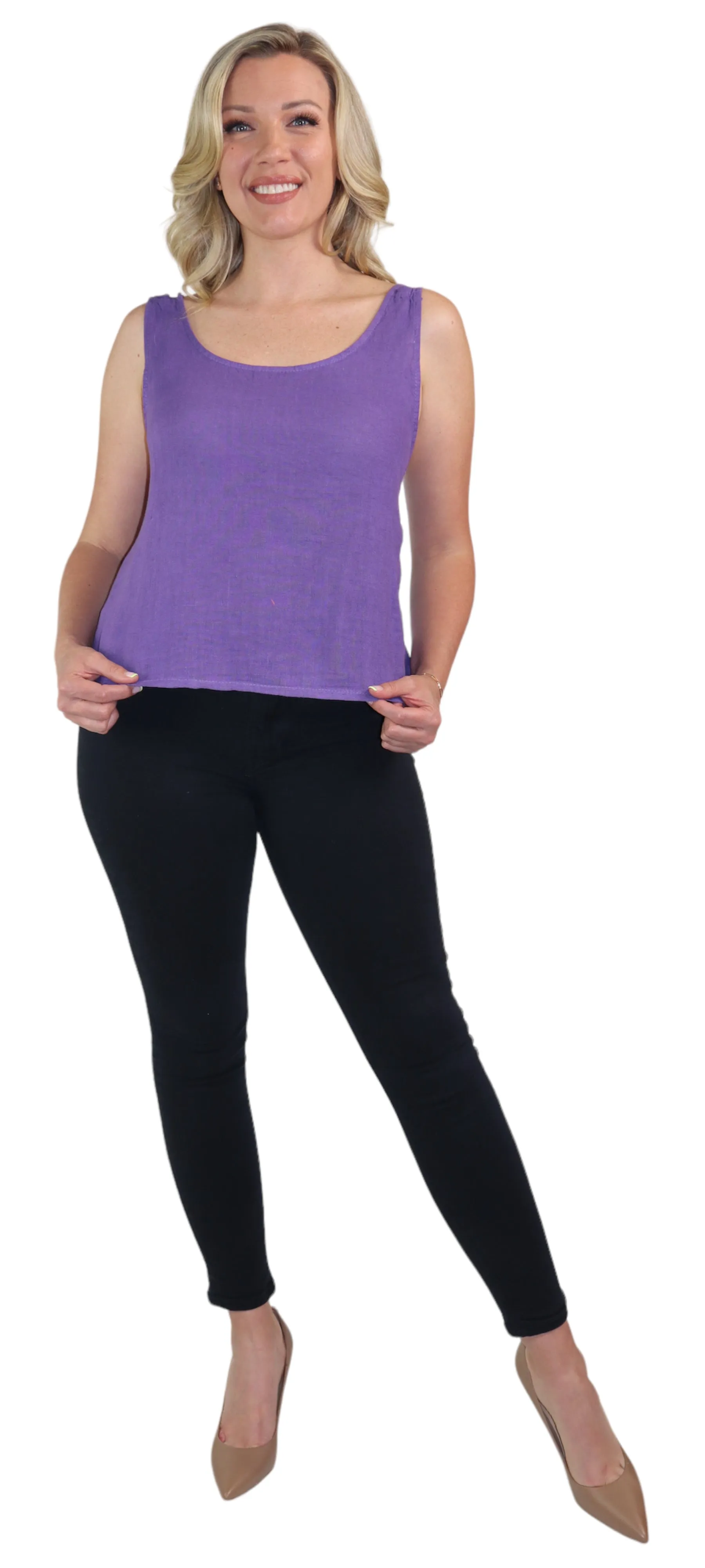 Women's 100% Linen Sleeveless Crop Tank Top Tunic with Bowtie Back