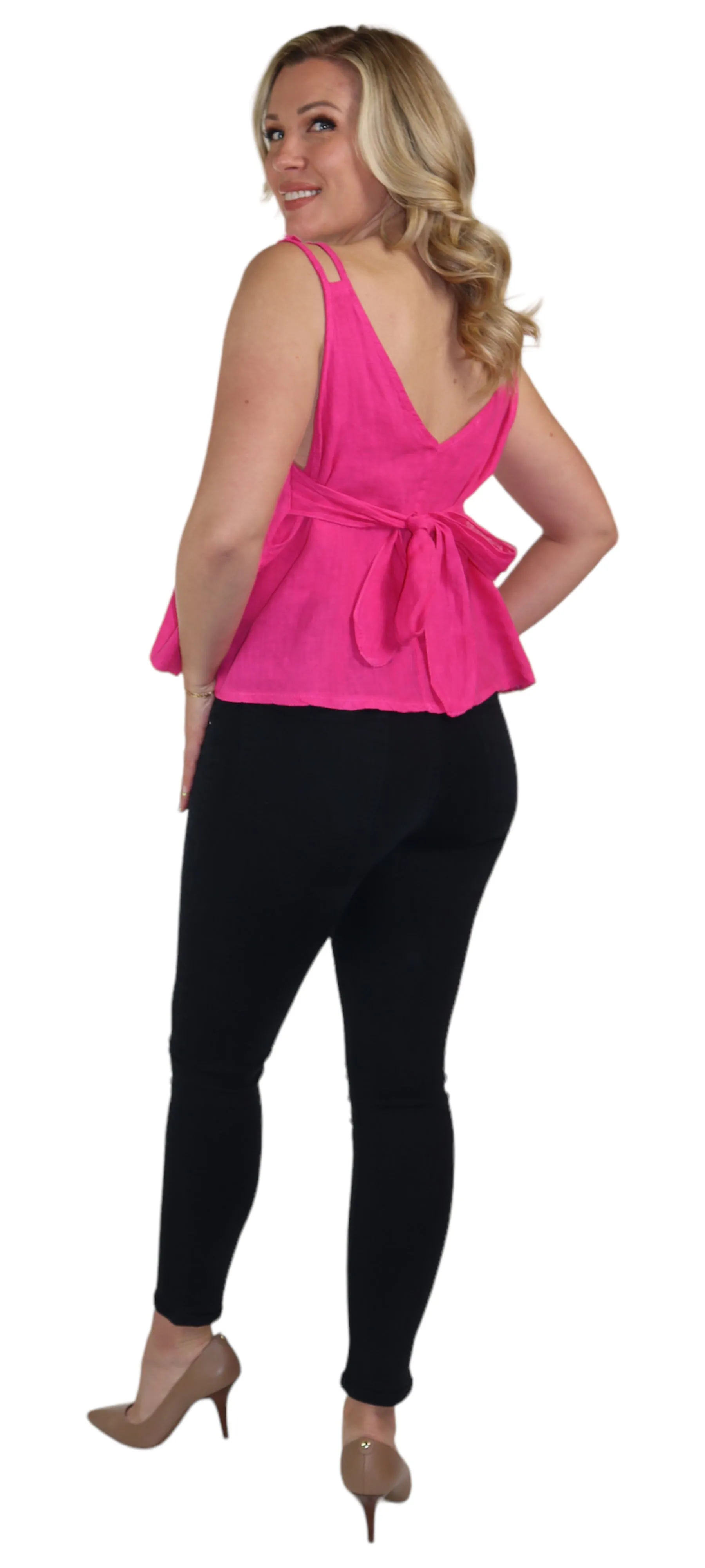 Women's 100% Linen Sleeveless Crop Tank Top Tunic with Bowtie Back