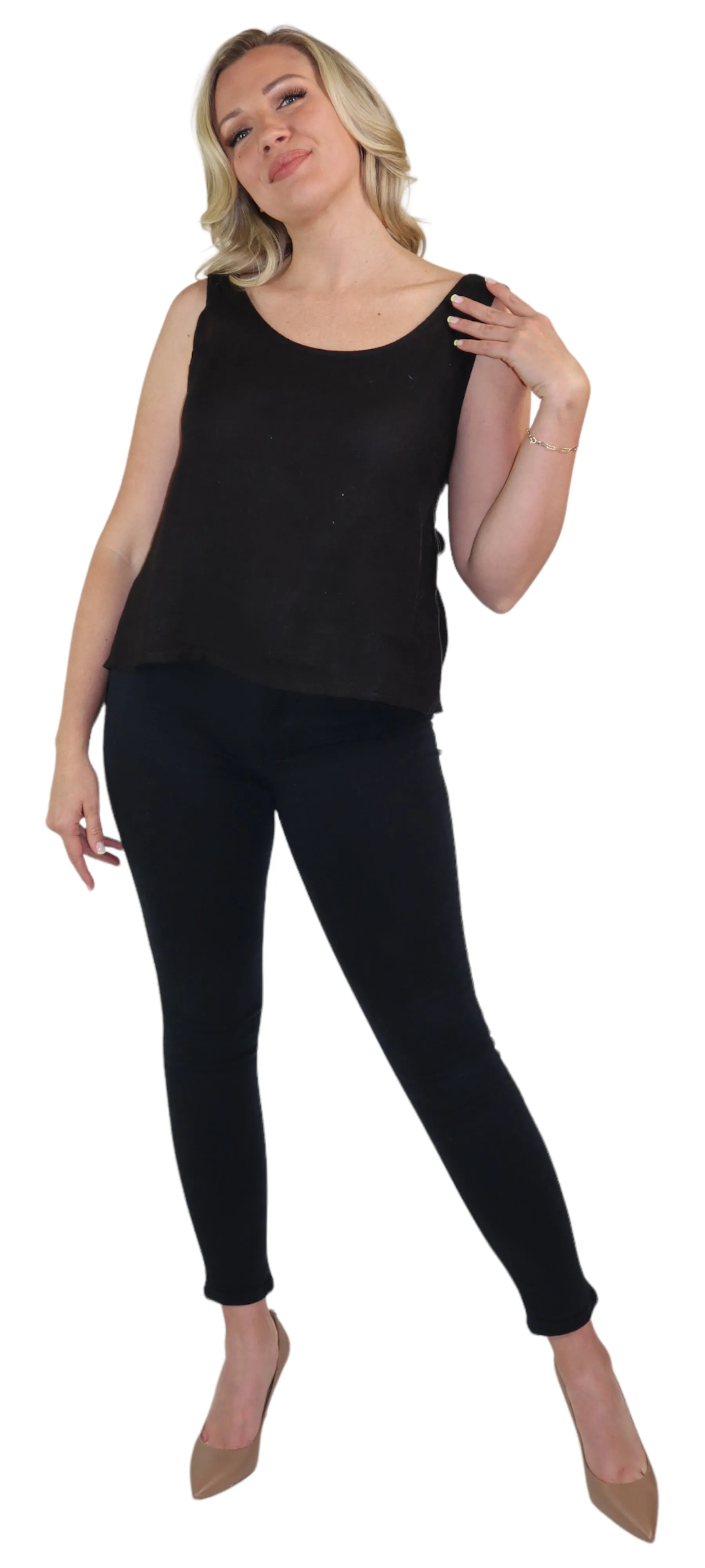 Women's 100% Linen Sleeveless Crop Tank Top Tunic with Bowtie Back