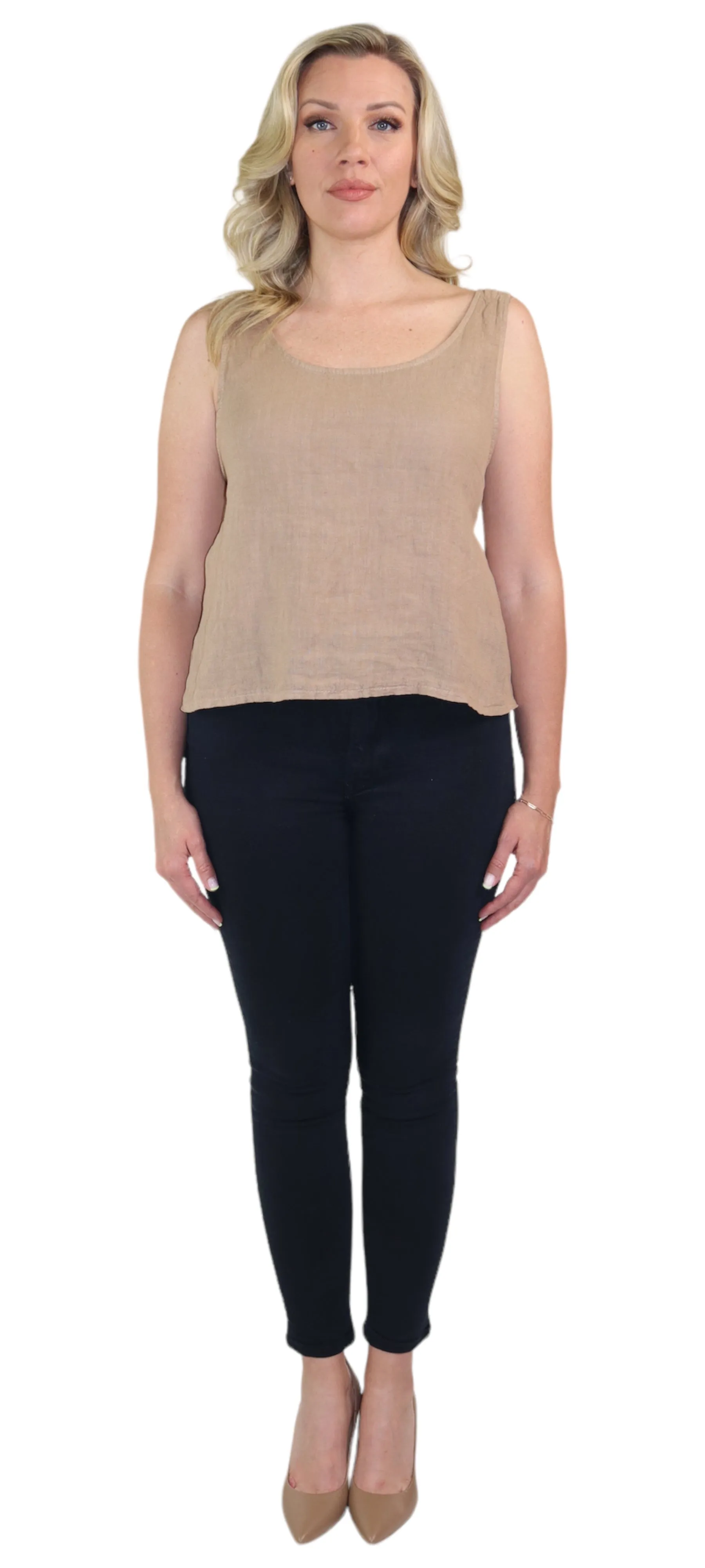 Women's 100% Linen Sleeveless Crop Tank Top Tunic with Bowtie Back