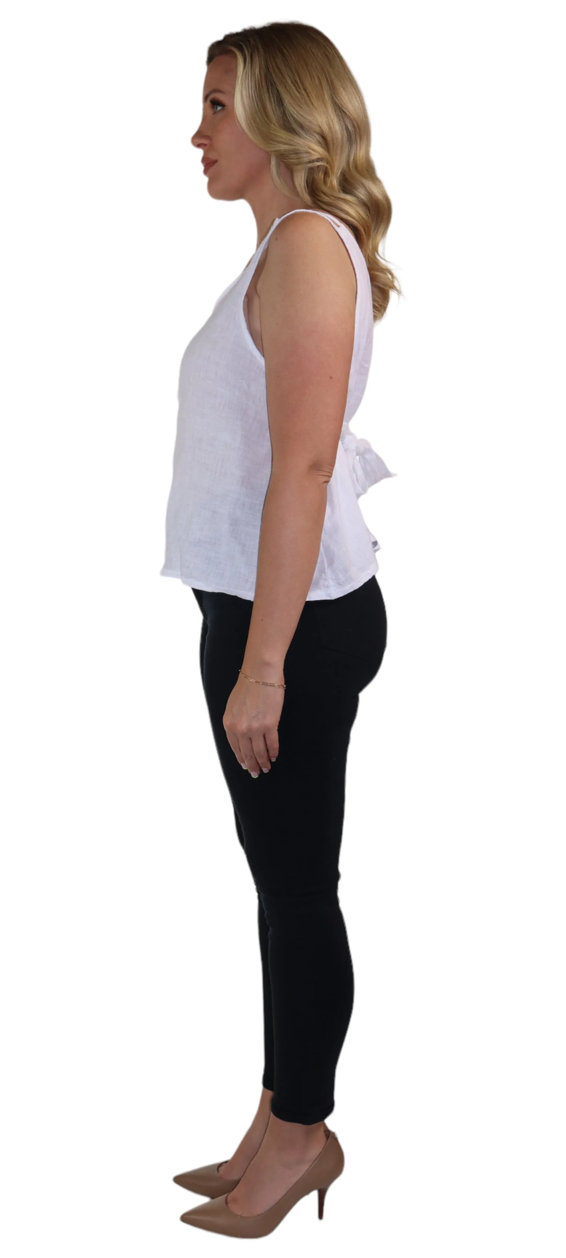 Women's 100% Linen Sleeveless Crop Tank Top Tunic with Bowtie Back