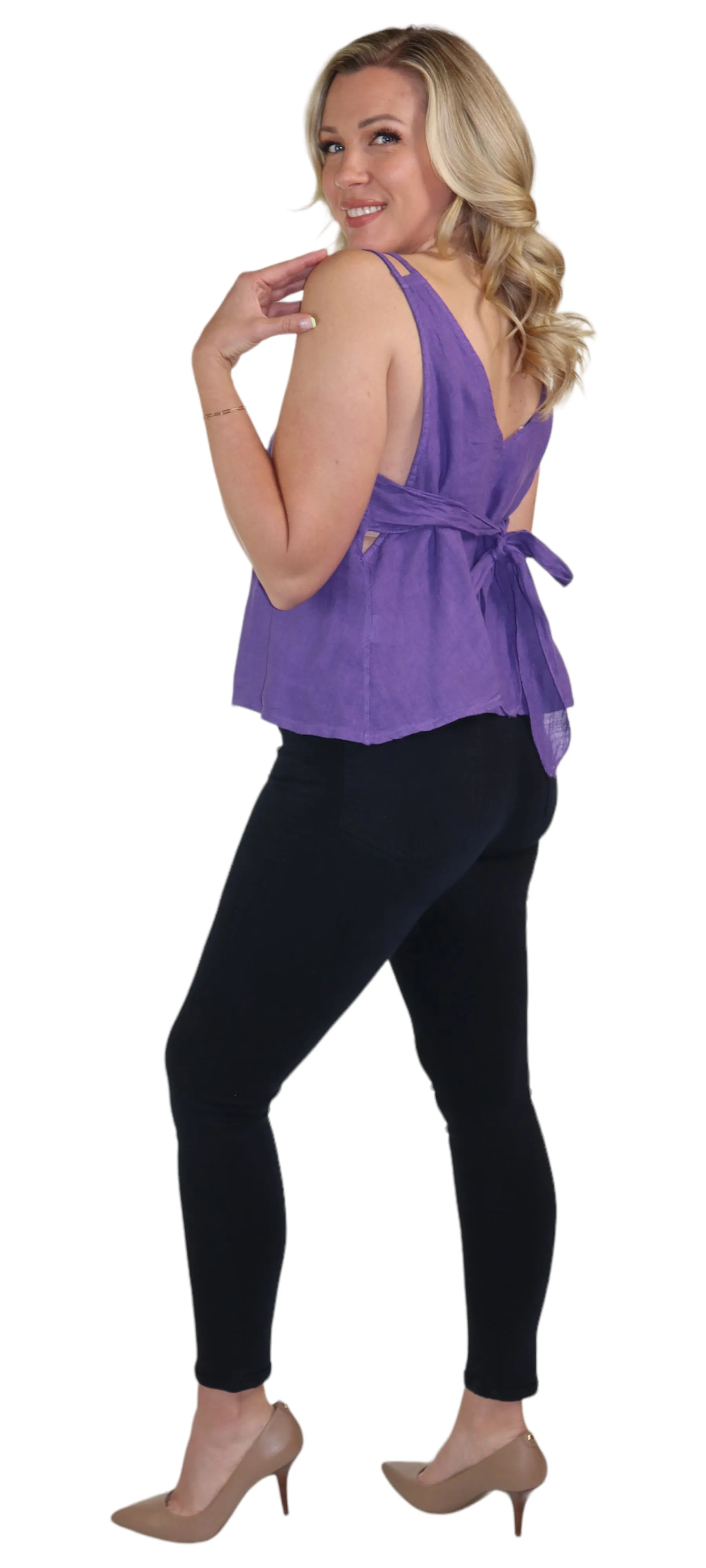 Women's 100% Linen Sleeveless Crop Tank Top Tunic with Bowtie Back