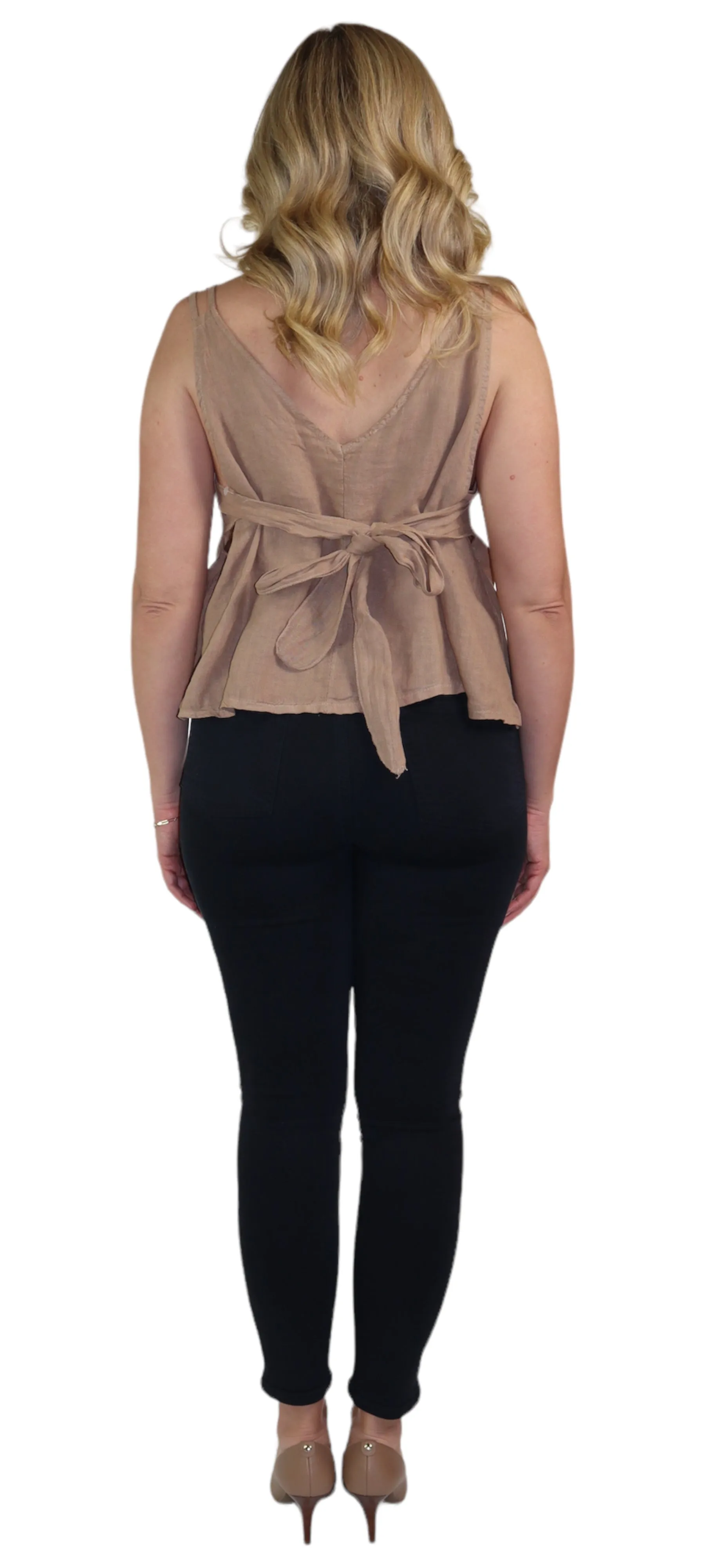 Women's 100% Linen Sleeveless Crop Tank Top Tunic with Bowtie Back