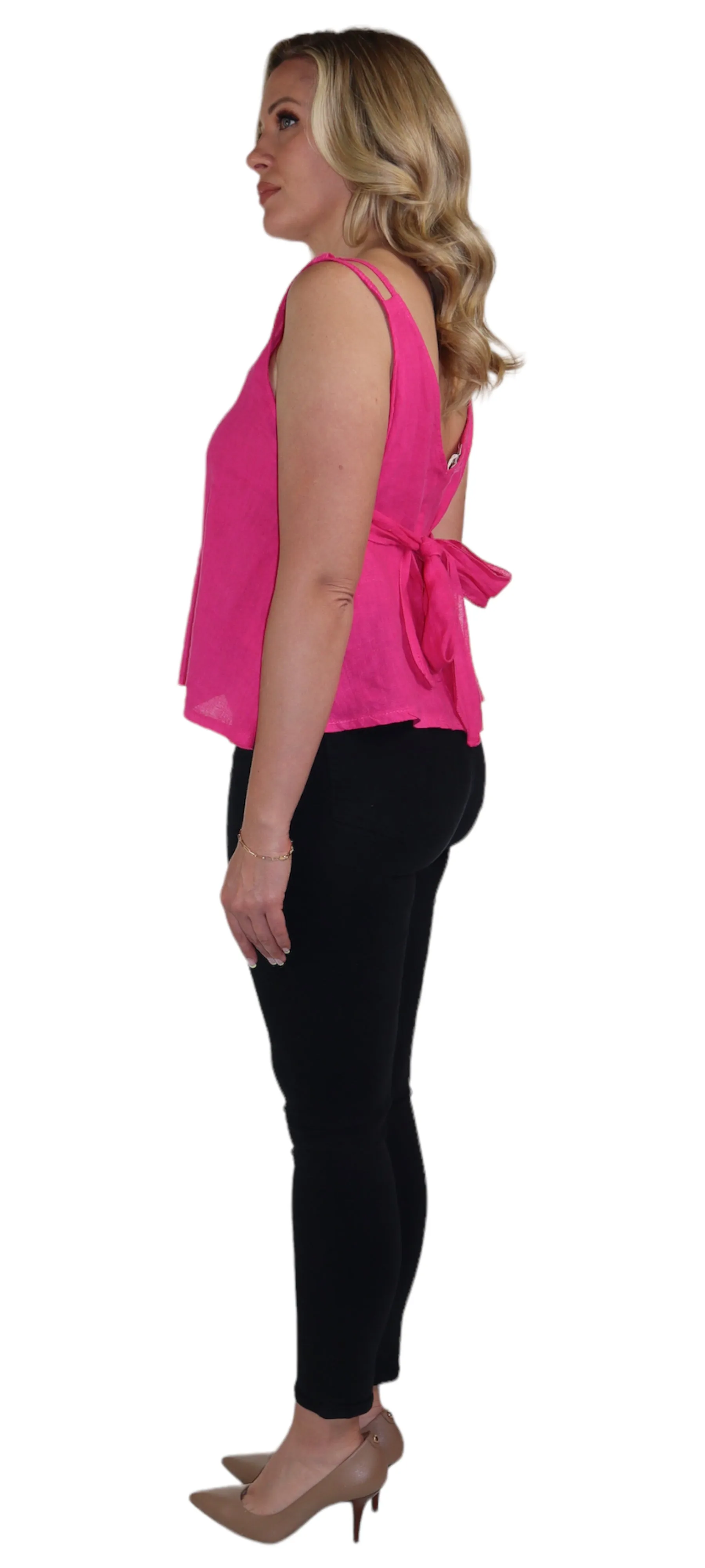 Women's 100% Linen Sleeveless Crop Tank Top Tunic with Bowtie Back